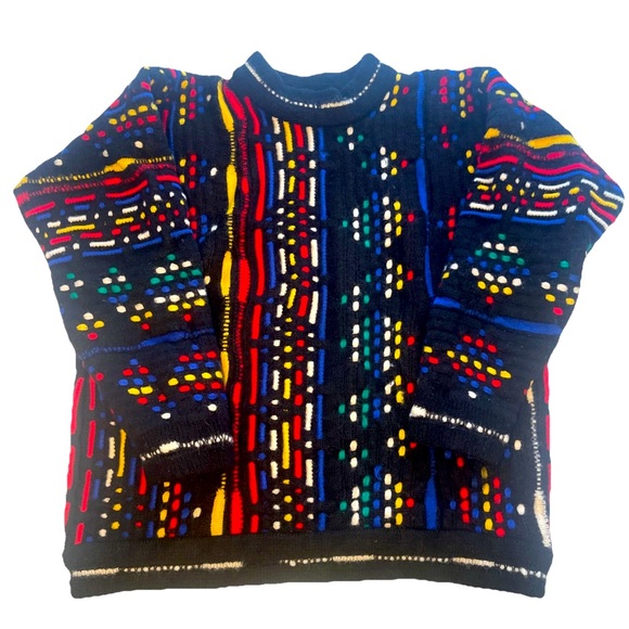 Vintage Coogi 100% Wool 3D Knit Sweater Black Red Blue Yellow White Men’s L READ - Picture 1 of 10
